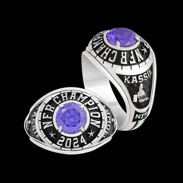 "Our Trail Blazer Womans  Custom Ring is designed to showcase your victories, achievements, and personal style. Expertly handcrafted from premium Sterling Silver and finished with high-quality enamel, it features a stunning cubic zirconia stone at th